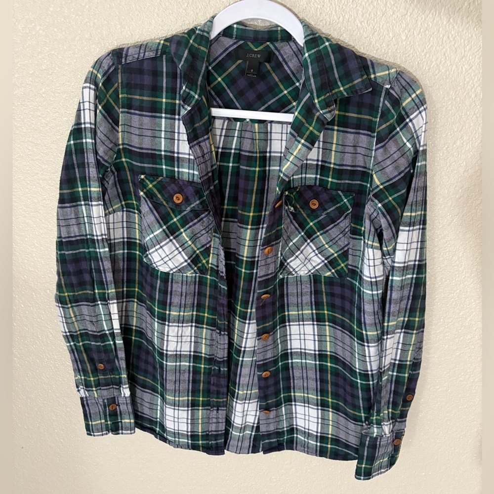 Cozy J. Crew Plaid Button Down Shirt - Green, Blue, White Size 0